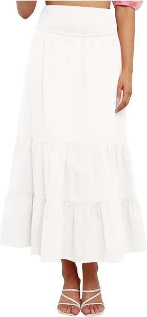 Women A-Line Pleated Elastic High Waist Maxi Skirt Ankle Length Flowy Swing Elegant Dressy Casual Work Long Skirts