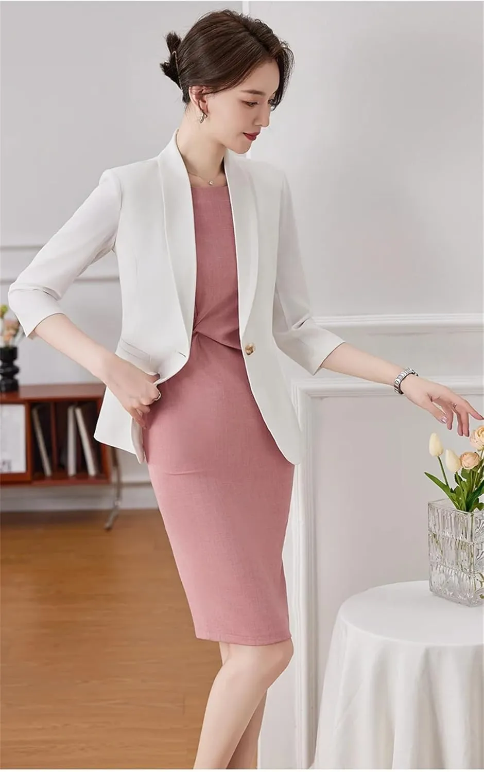 Women Blazer Spring Summer Elegant Formal Slim Half Sleeve Suit Jacket Office Lady Work Coat