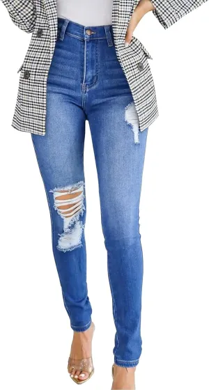 Women’ Casual Classic Bell Bottom Jeans Distressed Ripped High Waist Denim Flared Pants