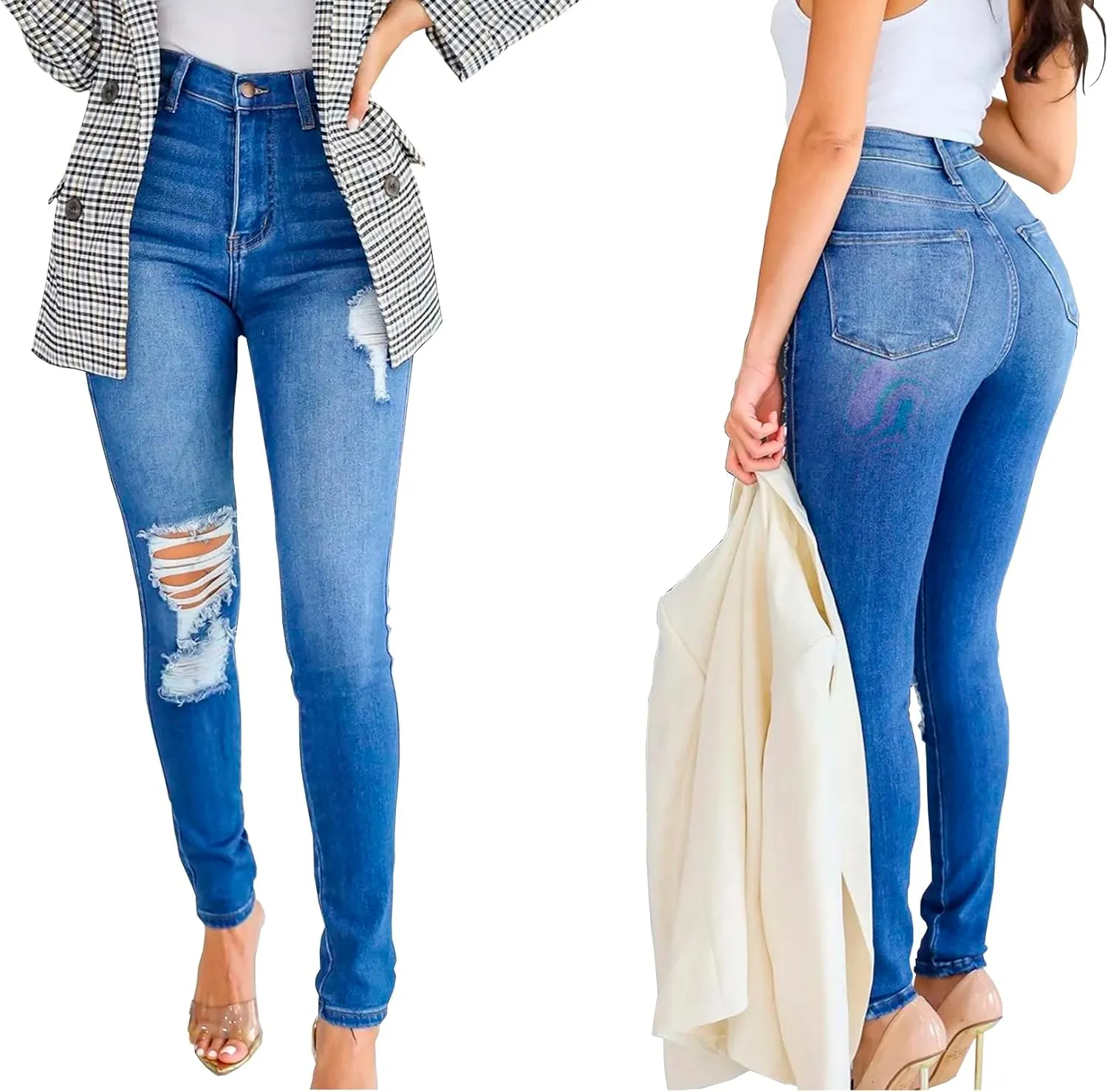 Women’ Casual Classic Bell Bottom Jeans Distressed Ripped High Waist Denim Flared Pants