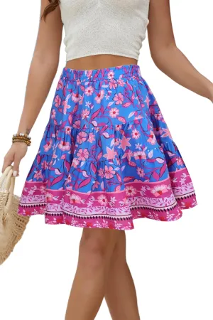 Women Floral Print High Waist Elastic A line Mini Skirt Bohemian Style