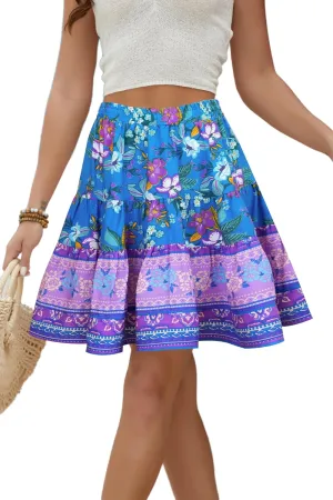 Women Floral Print High Waist Elastic A line Mini Skirt Bohemian Style