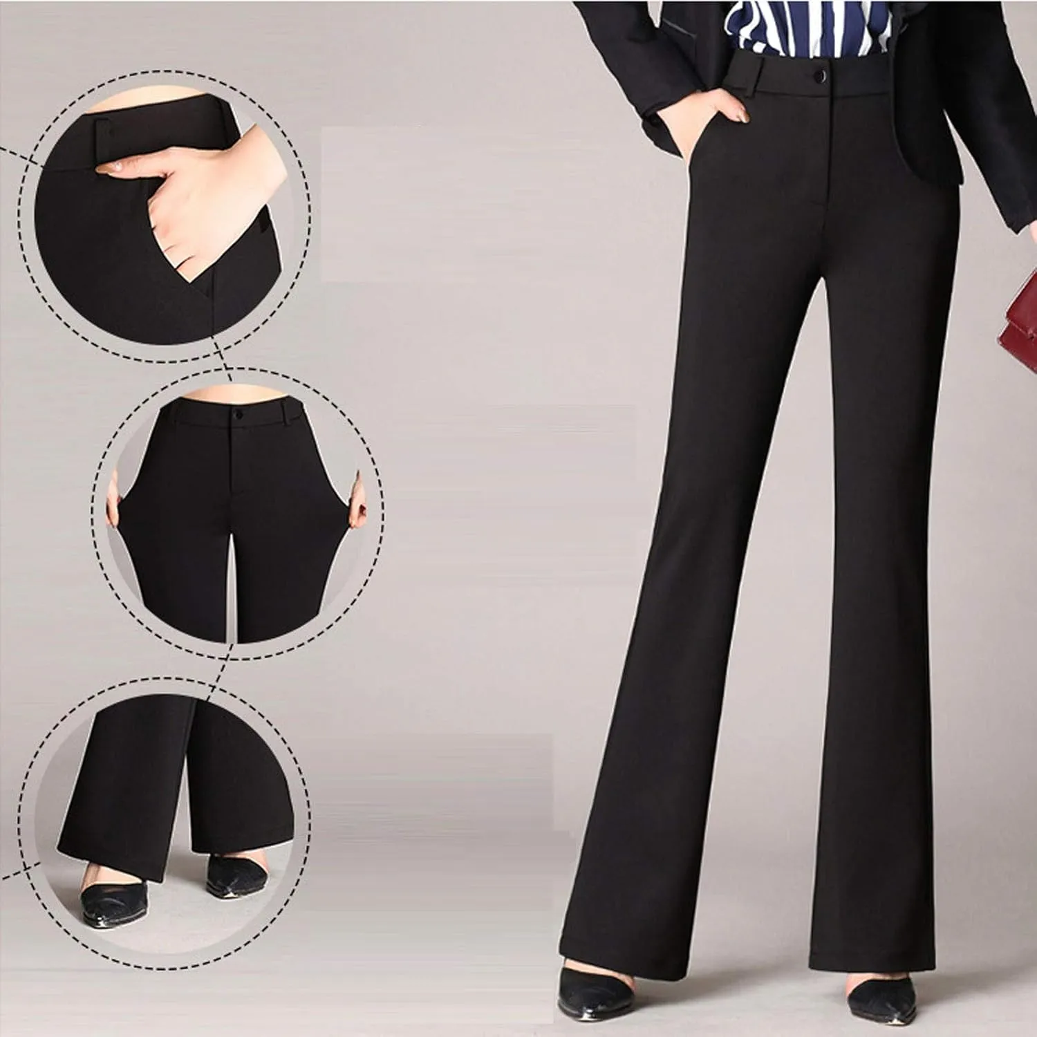 Women High Waist Solid Straight-Leg Pants Long Trousers Comfy Flared Pants with Pockets