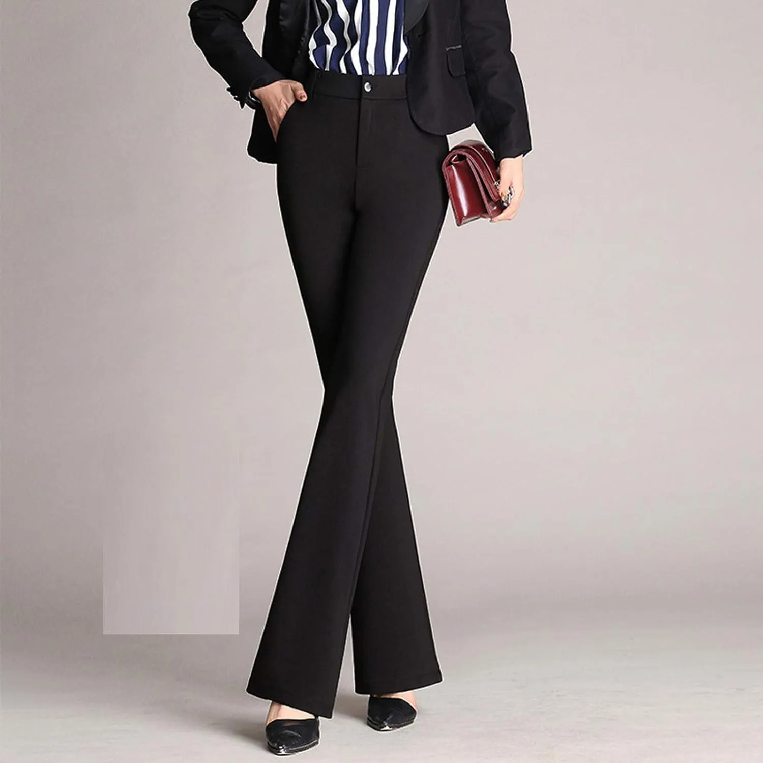 Women High Waist Solid Straight-Leg Pants Long Trousers Comfy Flared Pants with Pockets