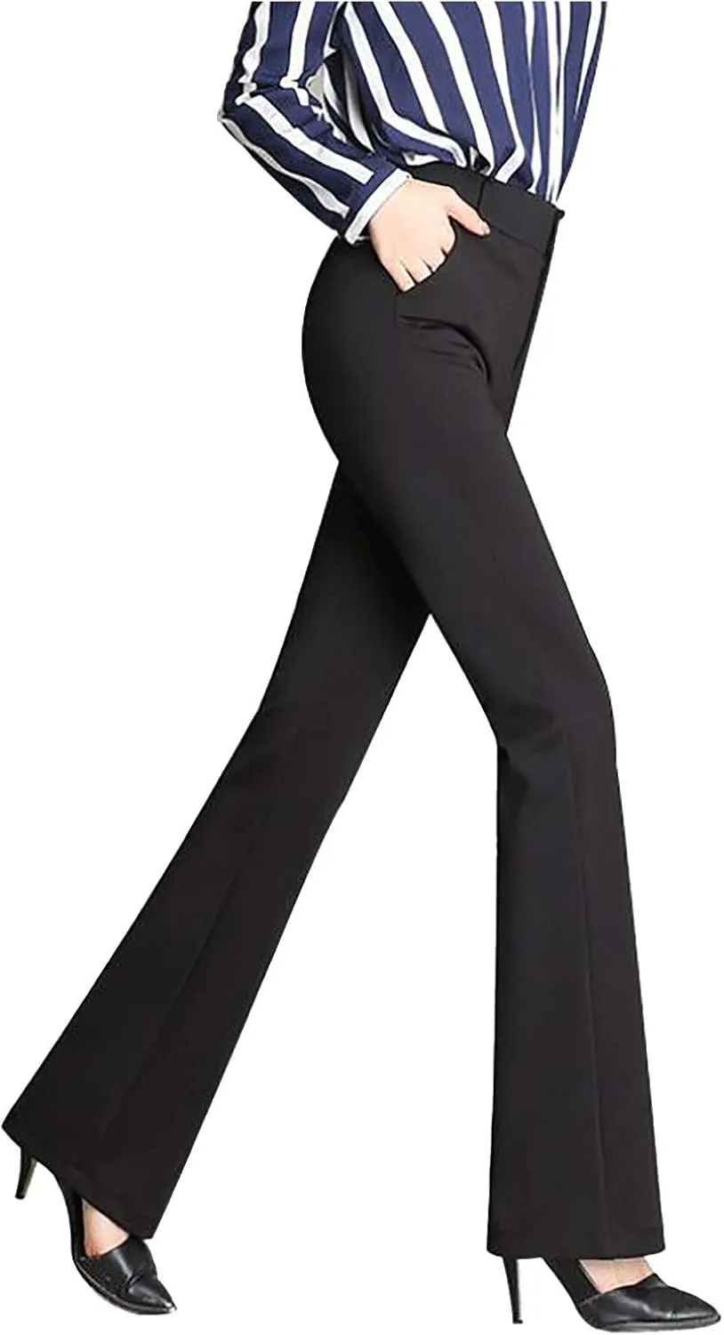 Women High Waist Solid Straight-Leg Pants Long Trousers Comfy Flared Pants with Pockets