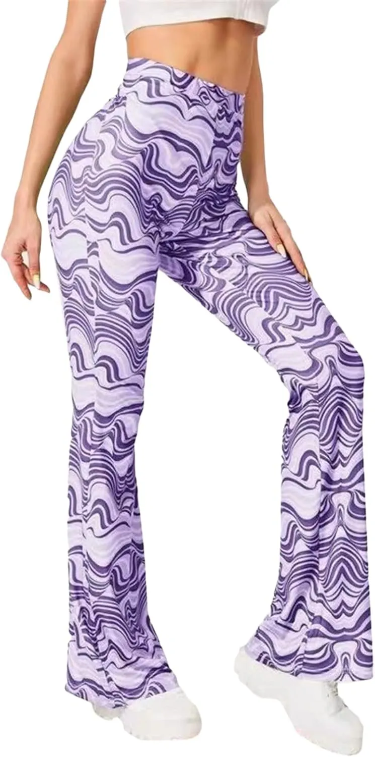 Women High Waist Y2K Printed Elastic Pants Flare Leg Bell Bottom Pants Casual Color Block Trousers 90s Streetwear