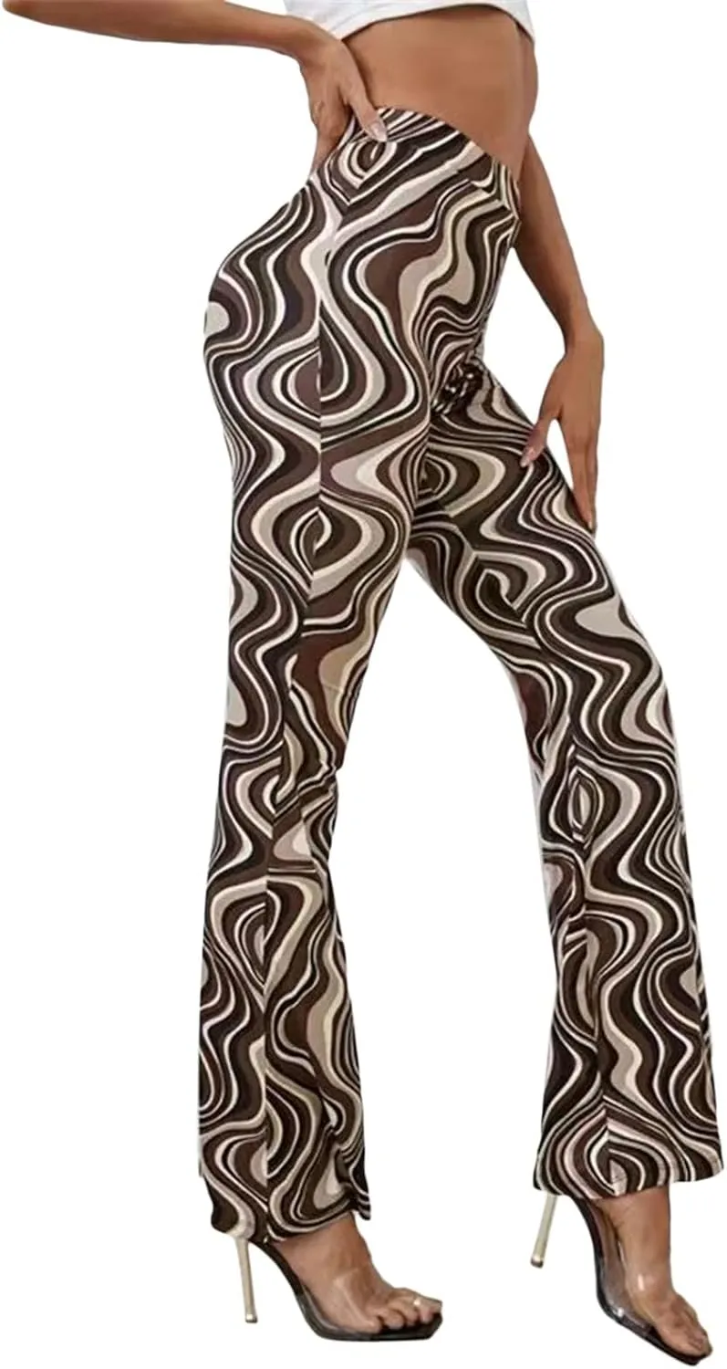 Women High Waist Y2K Printed Elastic Pants Flare Leg Bell Bottom Pants Casual Color Block Trousers 90s Streetwear