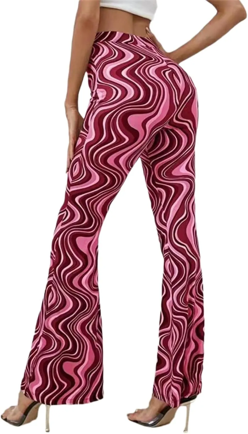 Women High Waist Y2K Printed Elastic Pants Flare Leg Bell Bottom Pants Casual Color Block Trousers 90s Streetwear