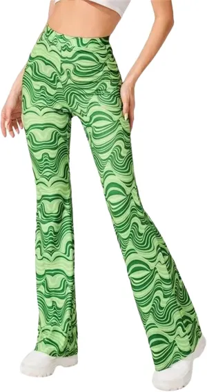 Women High Waist Y2K Printed Elastic Pants Flare Leg Bell Bottom Pants Casual Color Block Trousers 90s Streetwear