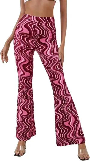 Women High Waist Y2K Printed Elastic Pants Flare Leg Bell Bottom Pants Casual Color Block Trousers 90s Streetwear