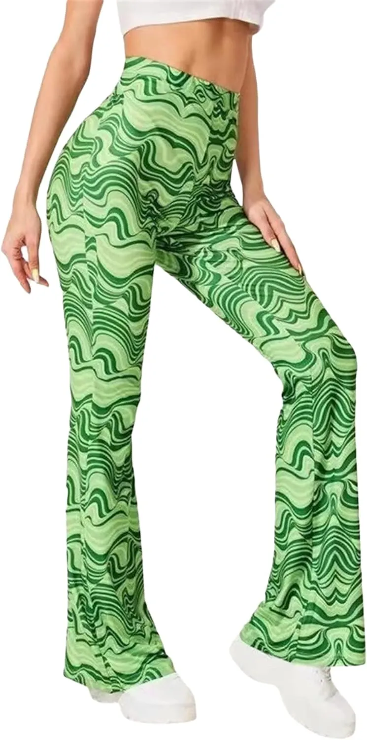 Women High Waist Y2K Printed Elastic Pants Flare Leg Bell Bottom Pants Casual Color Block Trousers 90s Streetwear