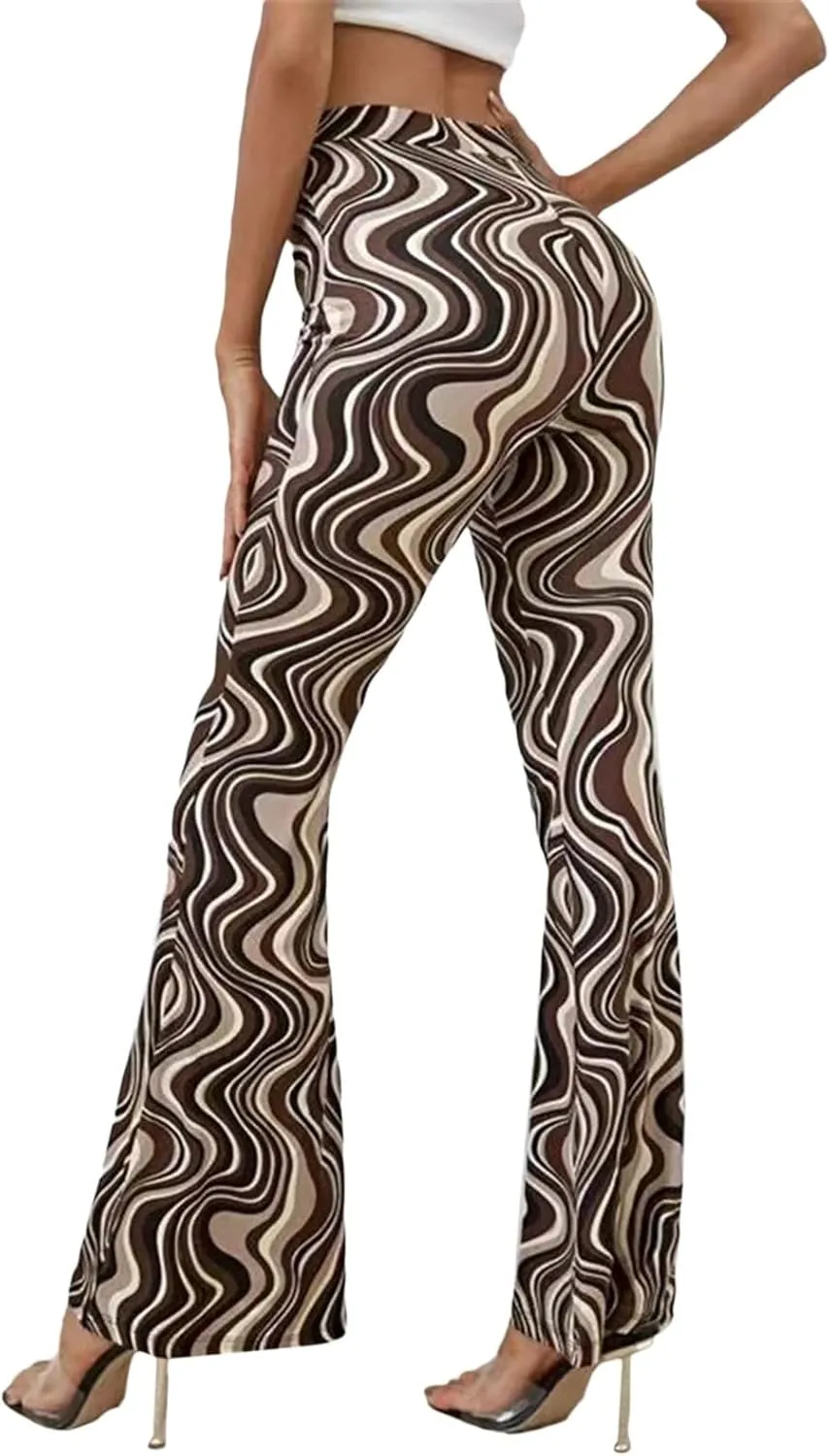 Women High Waist Y2K Printed Elastic Pants Flare Leg Bell Bottom Pants Casual Color Block Trousers 90s Streetwear