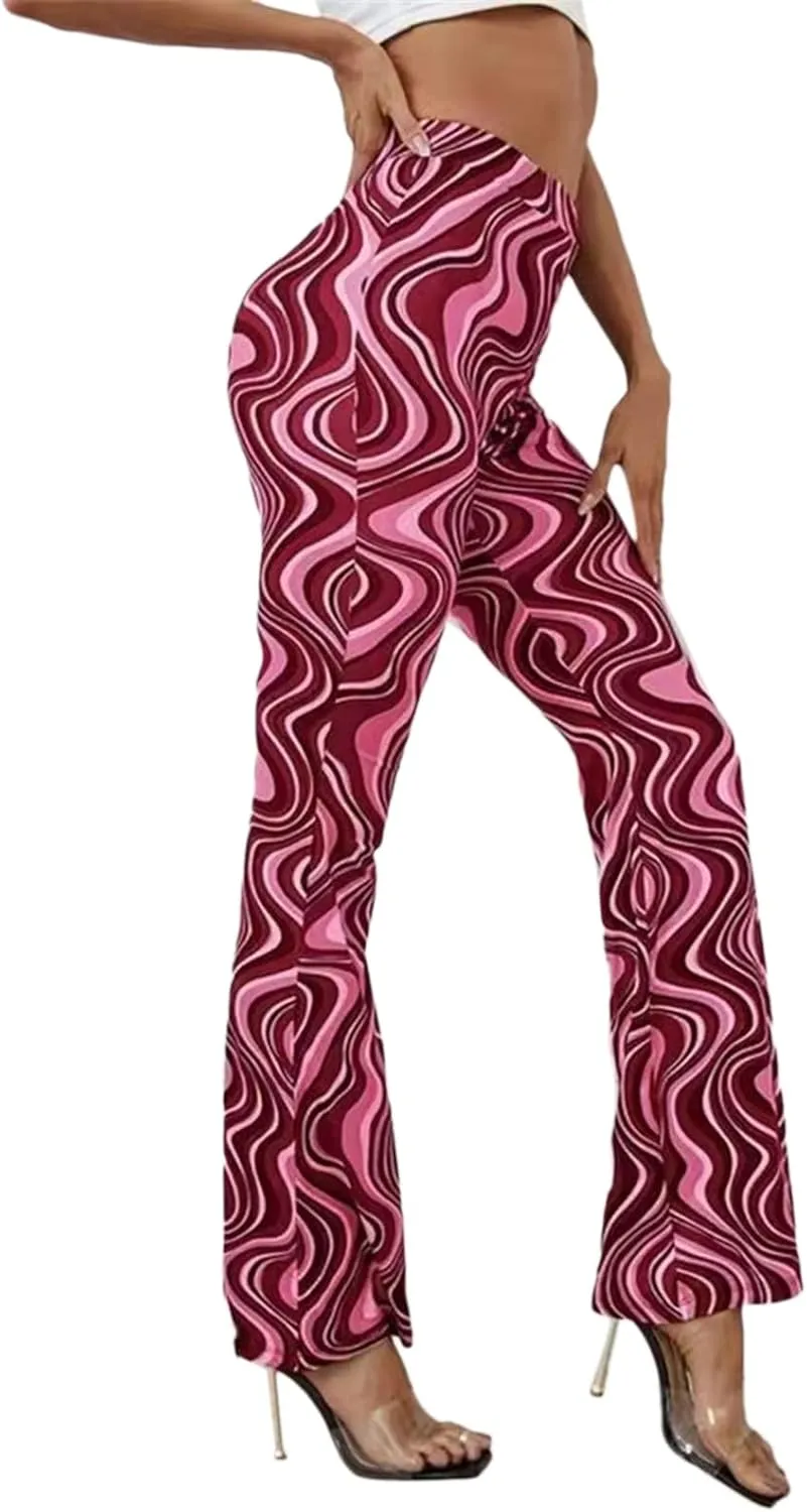 Women High Waist Y2K Printed Elastic Pants Flare Leg Bell Bottom Pants Casual Color Block Trousers 90s Streetwear