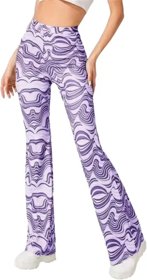 Women High Waist Y2K Printed Elastic Pants Flare Leg Bell Bottom Pants Casual Color Block Trousers 90s Streetwear