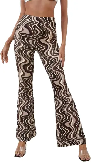 Women High Waist Y2K Printed Elastic Pants Flare Leg Bell Bottom Pants Casual Color Block Trousers 90s Streetwear
