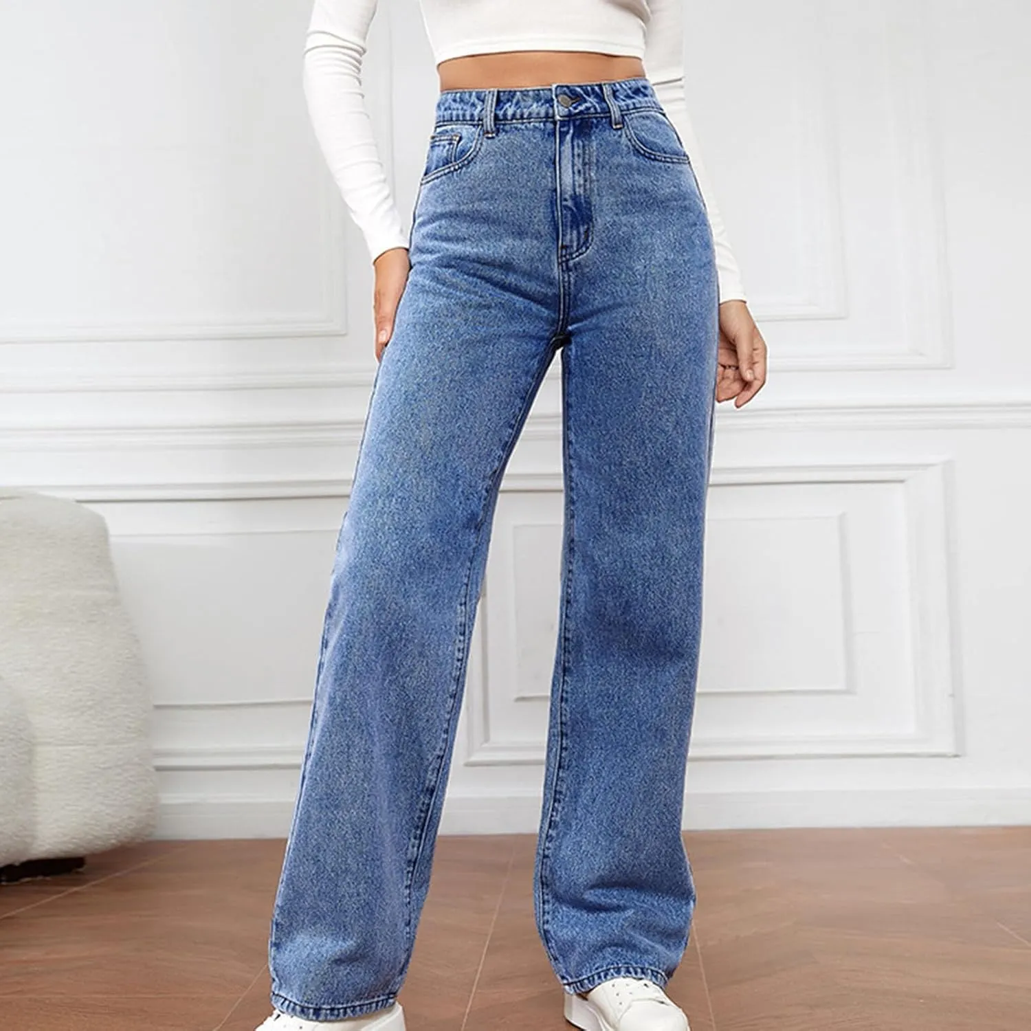 Women High Waisted Jeans Baggy Casual Straight Leg Pants Tummy Control Loose Stretch Denim Slacks Y2k 90s Pants