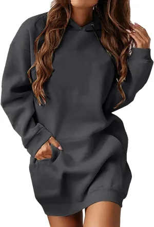 Women Hoodies Dress Hooded Sweatshirts Dress Casual Long Sleeve Tunic Dress Oversized Pullover Sweatshirt with Pocket