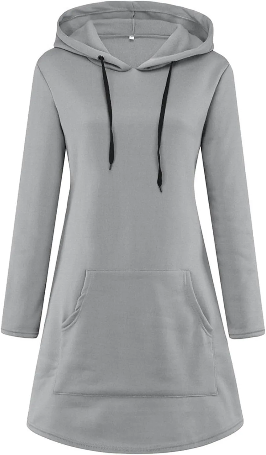 Women Hoodies Dress Hooded Sweatshirts Dress Casual Long Sleeve Tunic Dress Oversized Pullover Sweatshirt with Pocket