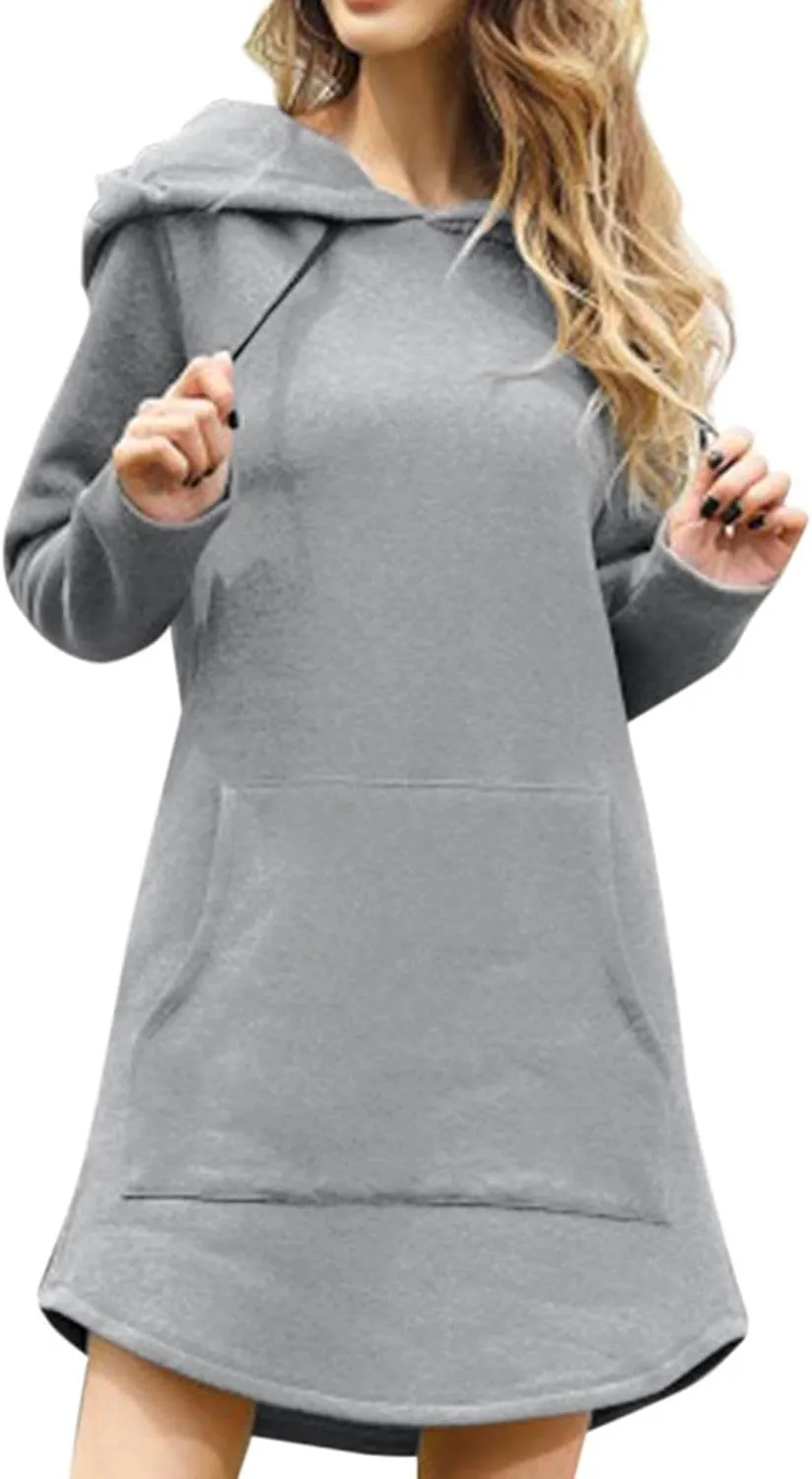 Women Hoodies Dress Hooded Sweatshirts Dress Casual Long Sleeve Tunic Dress Oversized Pullover Sweatshirt with Pocket
