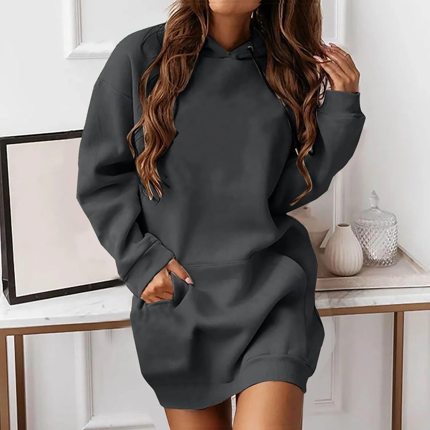 Women Hoodies Dress Hooded Sweatshirts Dress Casual Long Sleeve Tunic Dress Oversized Pullover Sweatshirt with Pocket