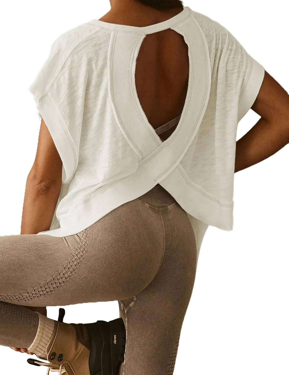 Women Oversized Open Back Short Sleeve Workout Crop Tops Backless Yoga Shirts Casual Loose Fit Athletic Tee Top 2024