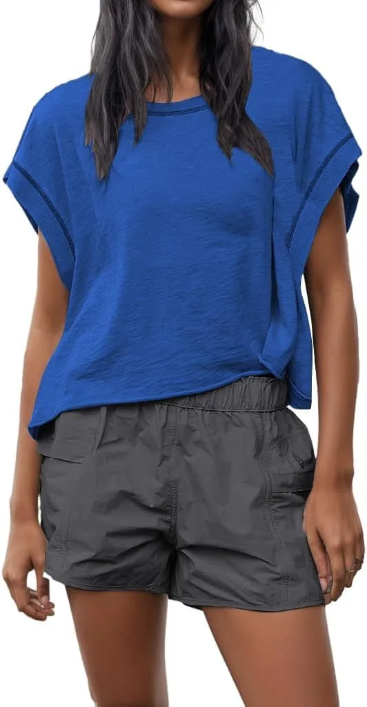 Women Oversized Open Back Short Sleeve Workout Crop Tops Backless Yoga Shirts Casual Loose Fit Athletic Tee Top 2024