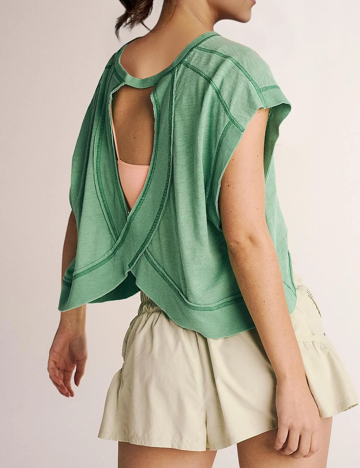 Women Oversized Open Back Short Sleeve Workout Crop Tops Backless Yoga Shirts Casual Loose Fit Athletic Tee Top 2024