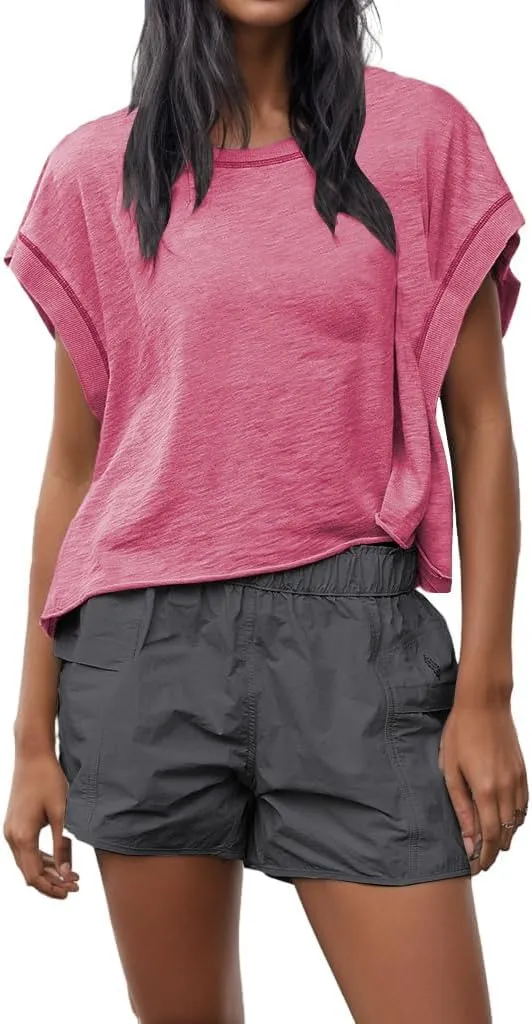 Women Oversized Open Back Short Sleeve Workout Crop Tops Backless Yoga Shirts Casual Loose Fit Athletic Tee Top 2024