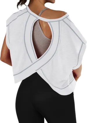 Women Oversized Open Back Short Sleeve Workout Crop Tops Backless Yoga Shirts Casual Loose Fit Athletic Tee Top 2024