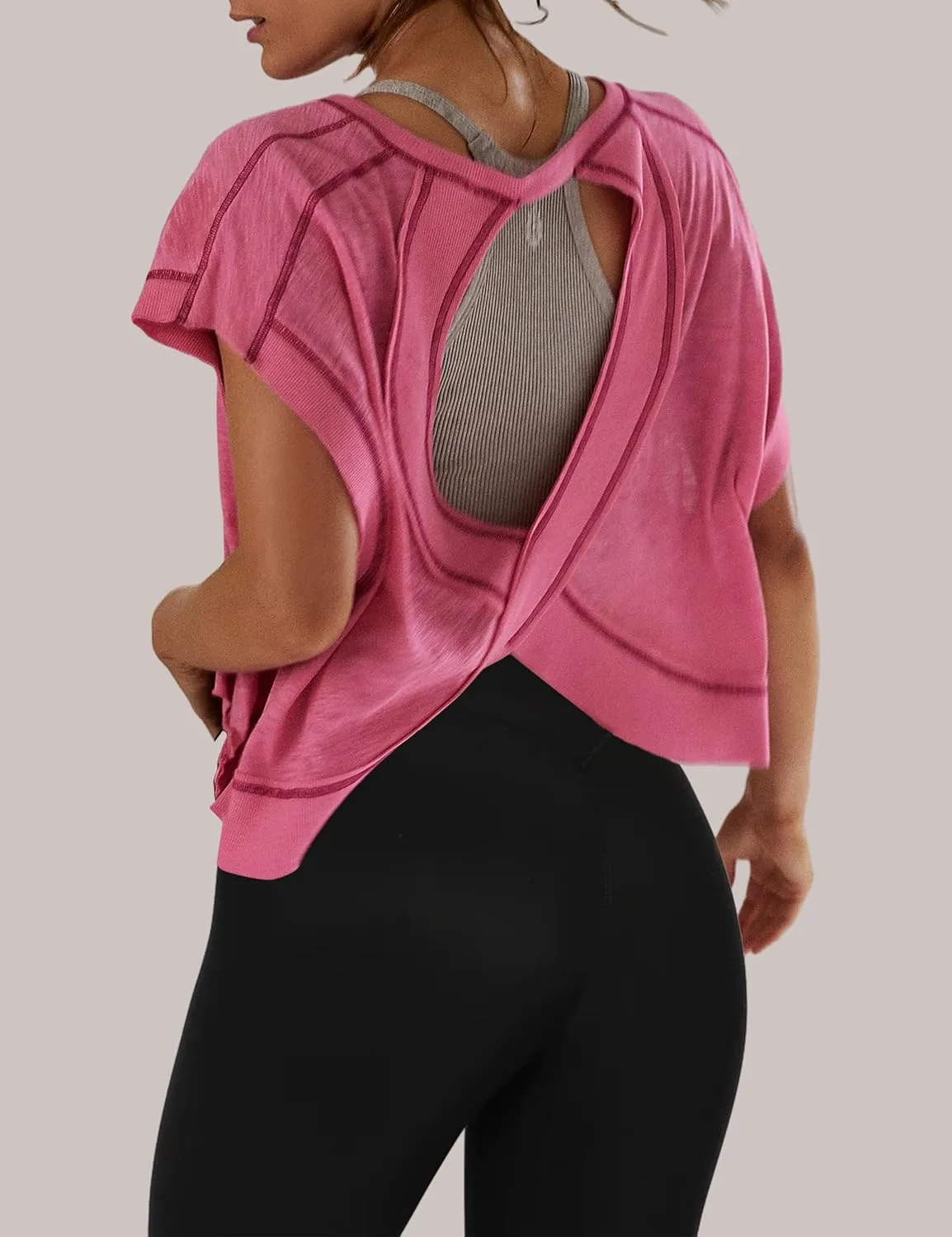 Women Oversized Open Back Short Sleeve Workout Crop Tops Backless Yoga Shirts Casual Loose Fit Athletic Tee Top 2024