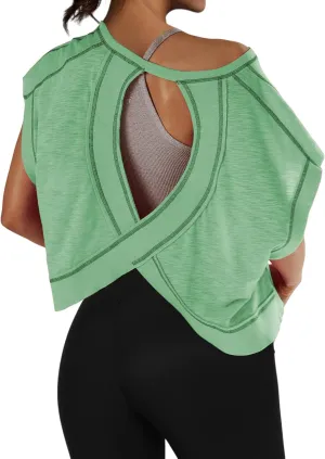 Women Oversized Open Back Short Sleeve Workout Crop Tops Backless Yoga Shirts Casual Loose Fit Athletic Tee Top 2024