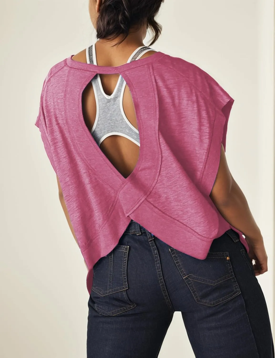 Women Oversized Open Back Short Sleeve Workout Crop Tops Backless Yoga Shirts Casual Loose Fit Athletic Tee Top 2024