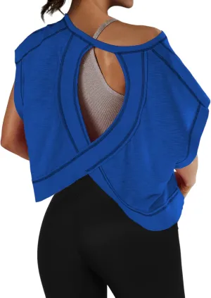 Women Oversized Open Back Short Sleeve Workout Crop Tops Backless Yoga Shirts Casual Loose Fit Athletic Tee Top 2024