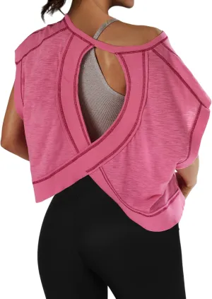 Women Oversized Open Back Short Sleeve Workout Crop Tops Backless Yoga Shirts Casual Loose Fit Athletic Tee Top 2024