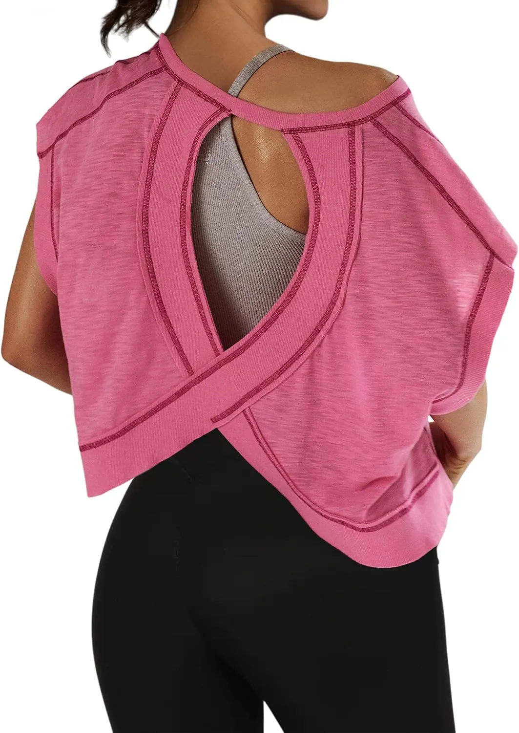 Women Oversized Open Back Short Sleeve Workout Crop Tops Backless Yoga Shirts Casual Loose Fit Athletic Tee Top 2024