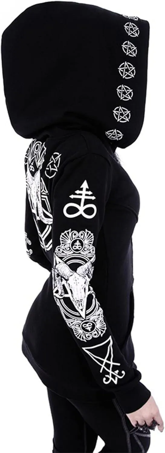 Women Punk Gothic Sweatshirt Witchcraft Moon Long Hoodie Oversized Long Sleeve Zip Up Hoodie