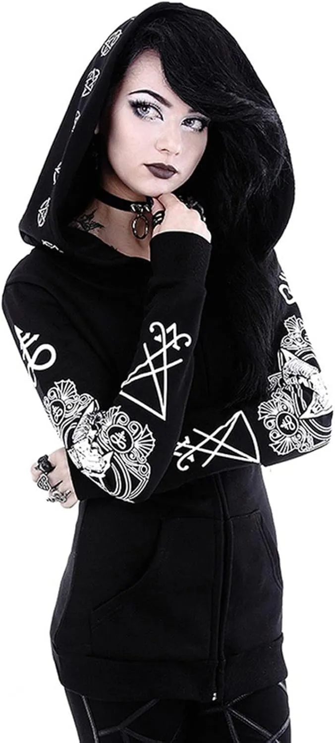 Women Punk Gothic Sweatshirt Witchcraft Moon Long Hoodie Oversized Long Sleeve Zip Up Hoodie