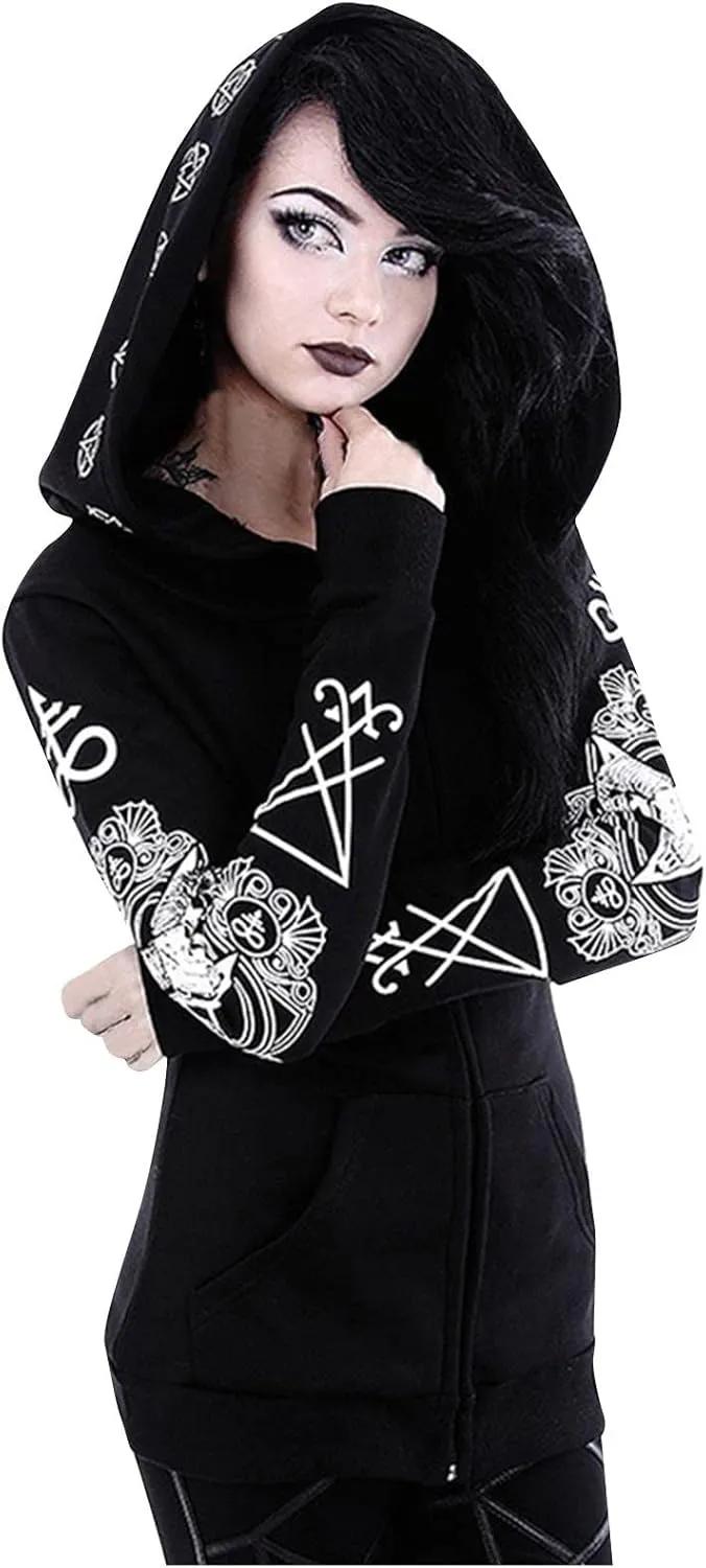 Women Punk Gothic Sweatshirt Witchcraft Moon Long Hoodie Oversized Long Sleeve Zip Up Hoodie