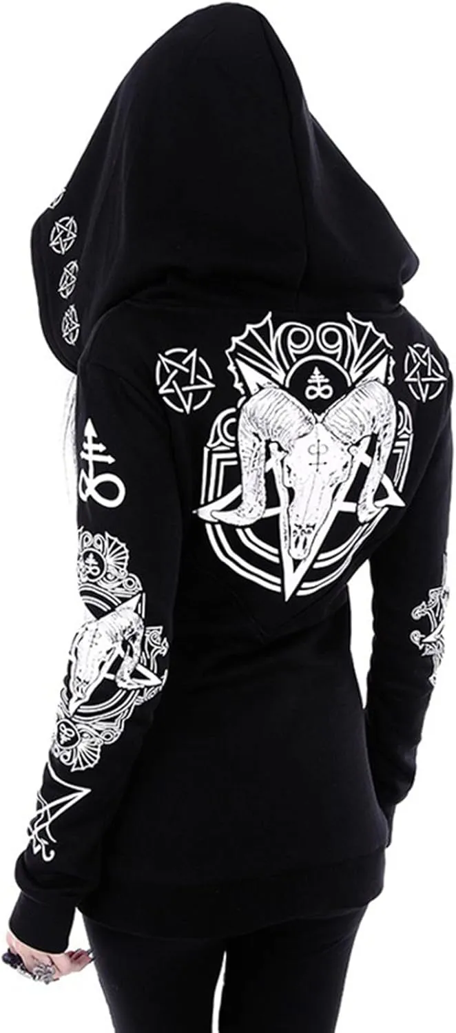 Women Punk Gothic Sweatshirt Witchcraft Moon Long Hoodie Oversized Long Sleeve Zip Up Hoodie