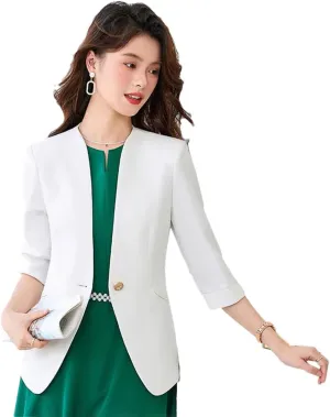 Women Spring Blazer Half Sleeve Single Button Office Ladies Jacket Business Work Wear Formal Coat