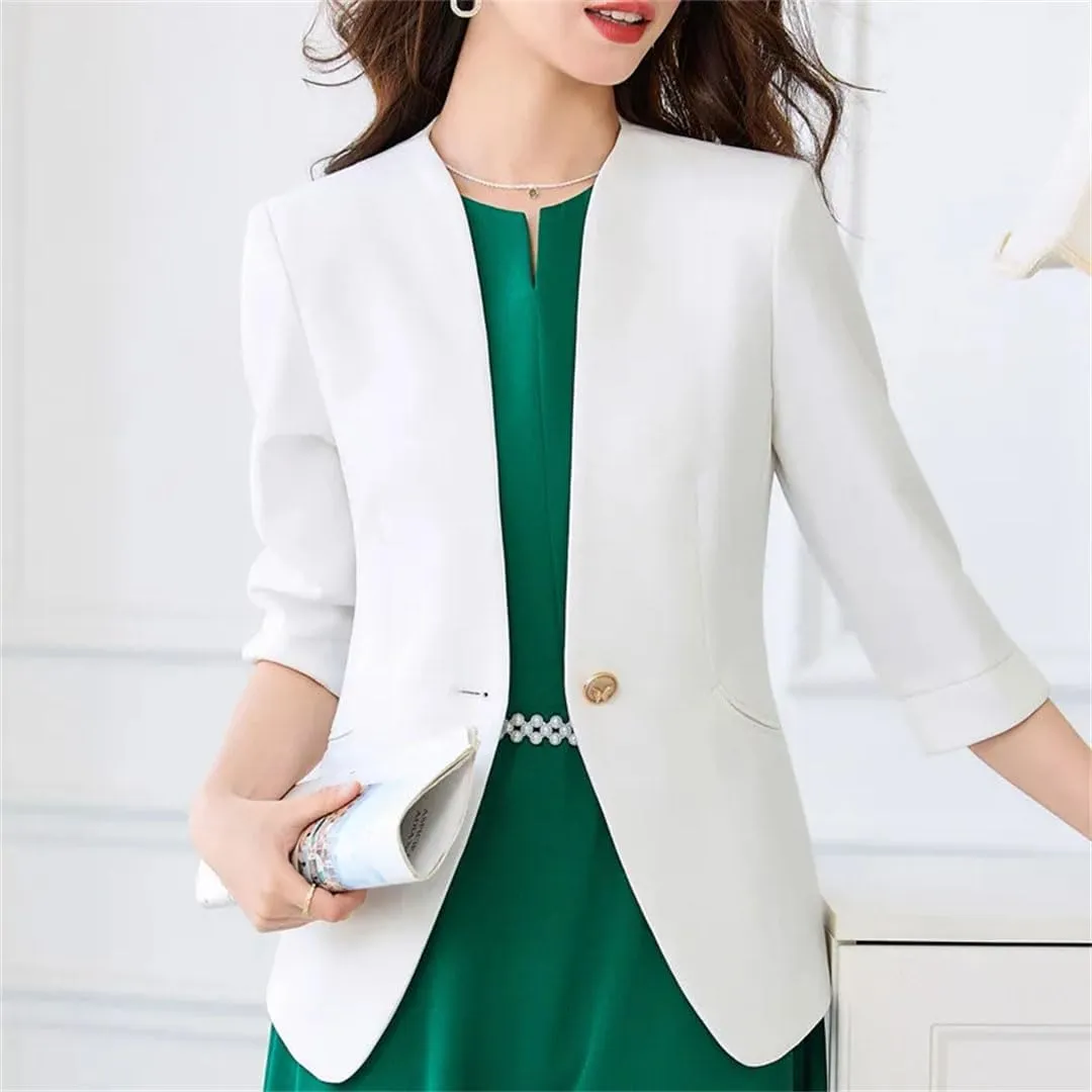 Women Spring Blazer Half Sleeve Single Button Office Ladies Jacket Business Work Wear Formal Coat