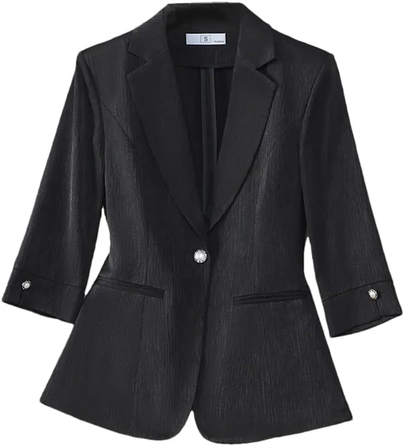 Women Spring Elegant Blazer Half Sleeve Single Button Stripe Suit Jacket Office Ladies Work Coat