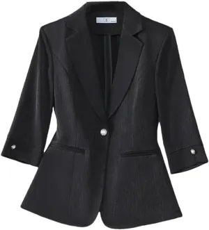 Women Spring Elegant Blazer Half Sleeve Single Button Stripe Suit Jacket Office Ladies Work Coat