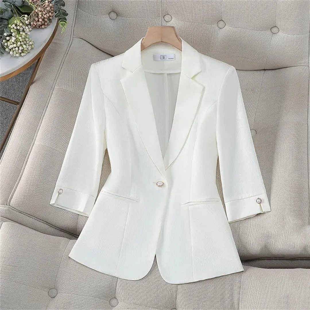 Women Spring Elegant Blazer Half Sleeve Single Button Stripe Suit Jacket Office Ladies Work Coat