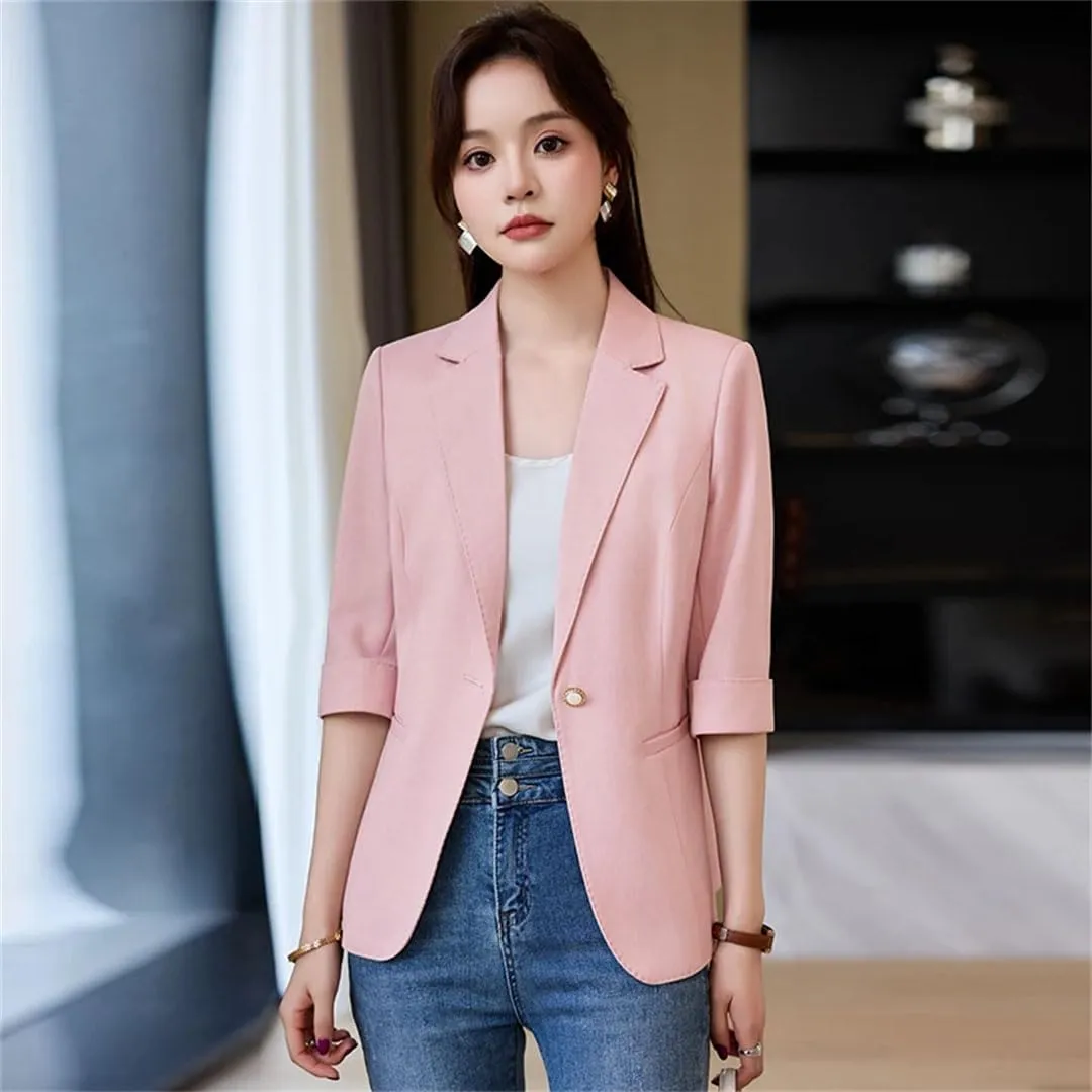 Women Spring Summer Elegant OL Thin Blazer Lapel Half Sleeve Solid Suits Coat Casual Office Work Jacket
