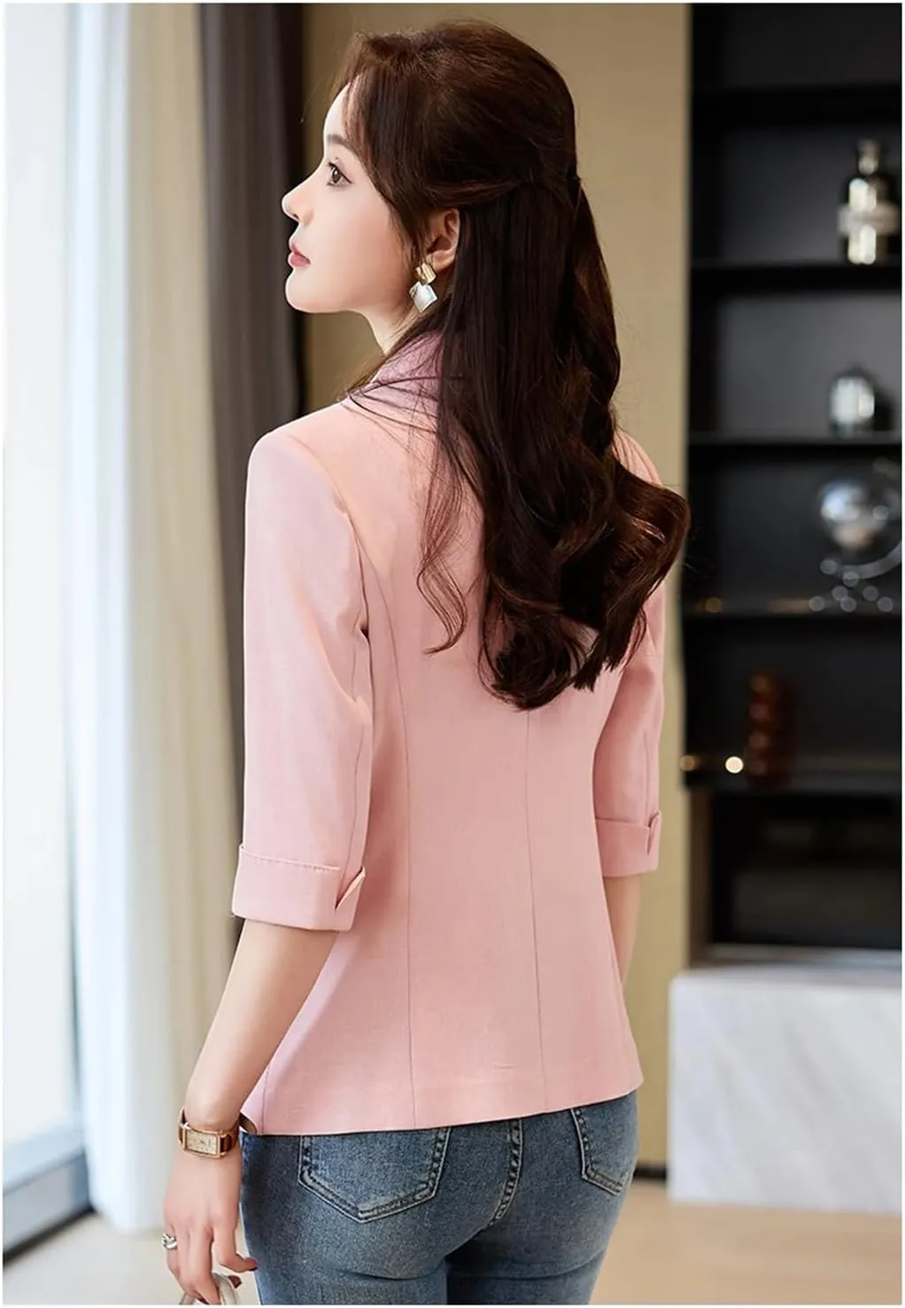 Women Spring Summer Elegant OL Thin Blazer Lapel Half Sleeve Solid Suits Coat Casual Office Work Jacket