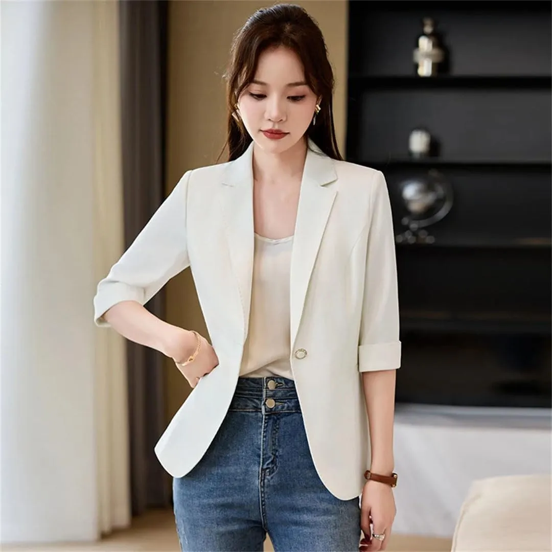 Women Spring Summer Elegant OL Thin Blazer Lapel Half Sleeve Solid Suits Coat Casual Office Work Jacket