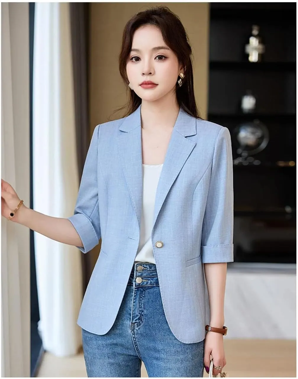 Women Spring Summer Elegant OL Thin Blazer Lapel Half Sleeve Solid Suits Coat Casual Office Work Jacket