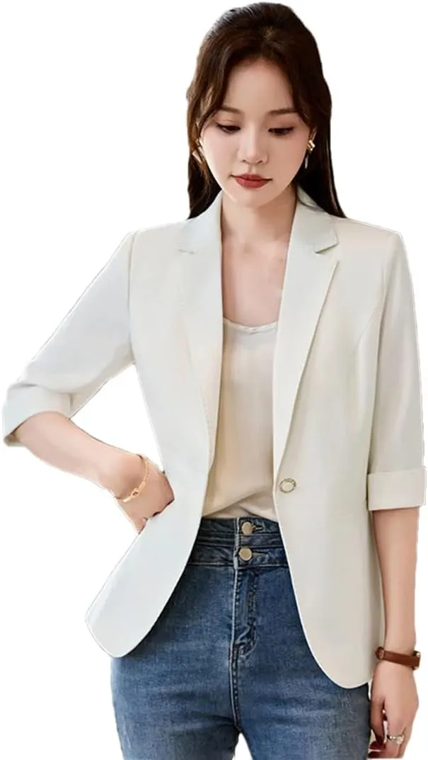 Women Spring Summer Elegant OL Thin Blazer Lapel Half Sleeve Solid Suits Coat Casual Office Work Jacket
