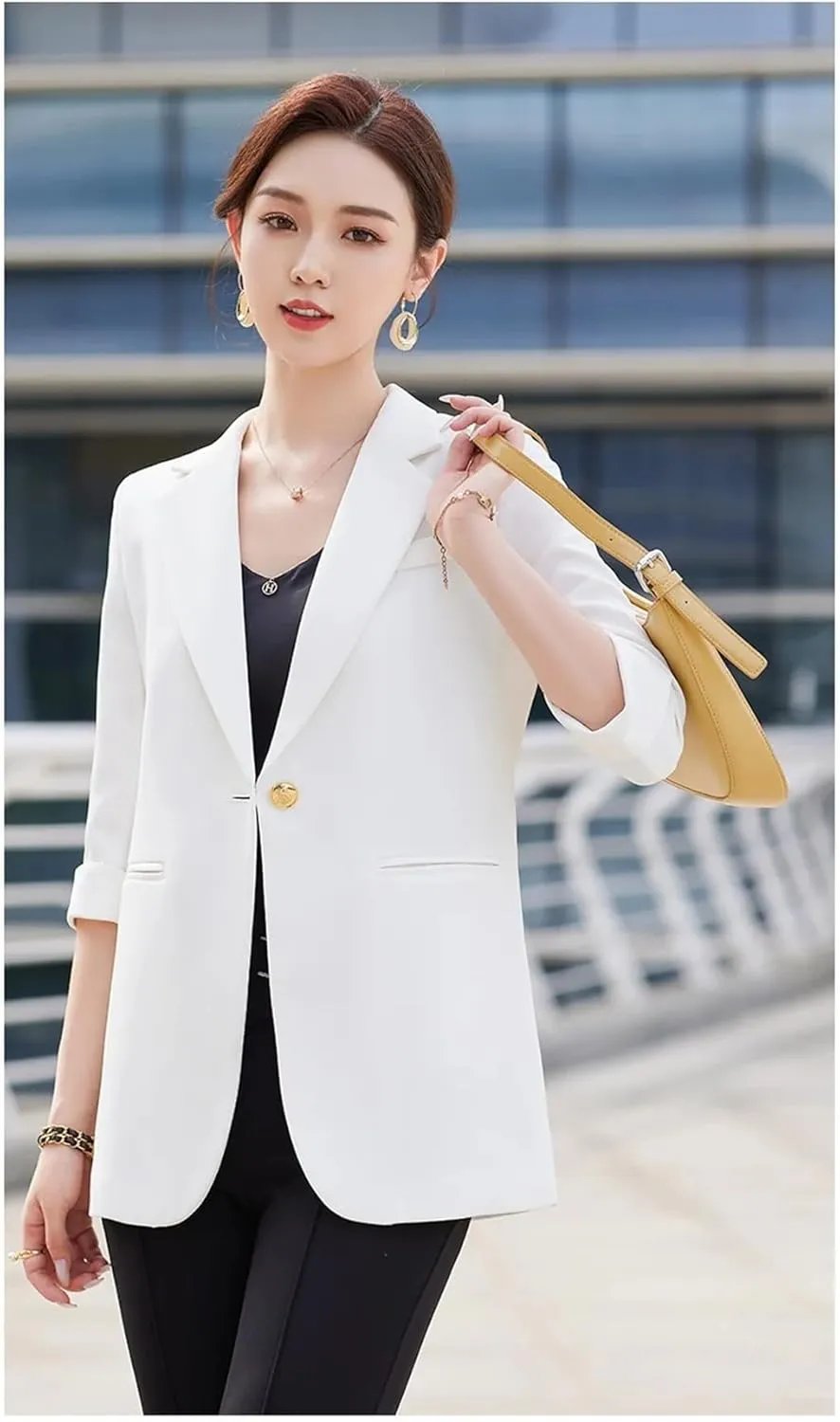 Women Spring Summer Half Sleeve Suit Jacket Business Casual Blazer Outerwear Coat